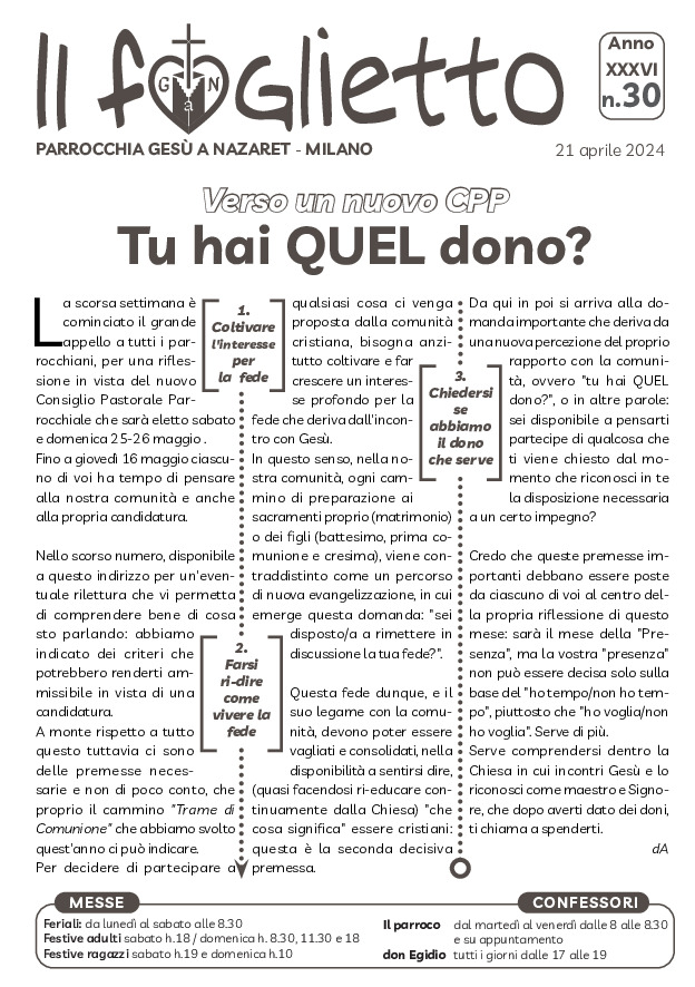 thumbnail of N30 – 21/4/2024 – Verso il nuovo CPP: tu hai QUEL dono?